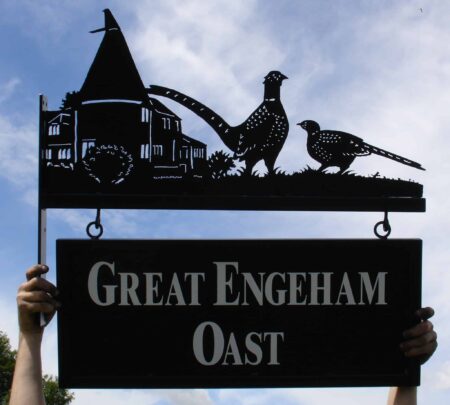 Pair of pheasants and oast house hanging bracket sillouette picture stainless steel sign