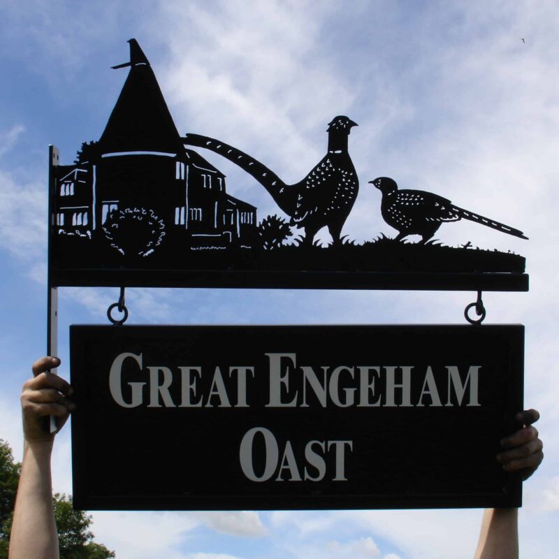 Pair of pheasants and oast house hanging bracket sillouette picture stainless steel sign