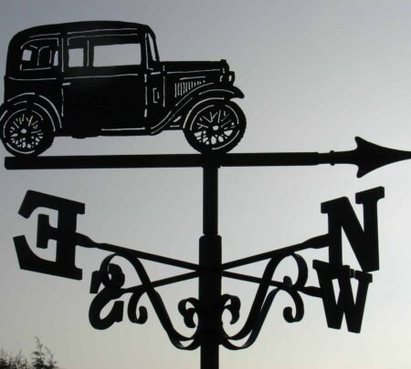 Austin Ruby Car Weathervane made from stainless steel and powder coated black by black forge art in kent