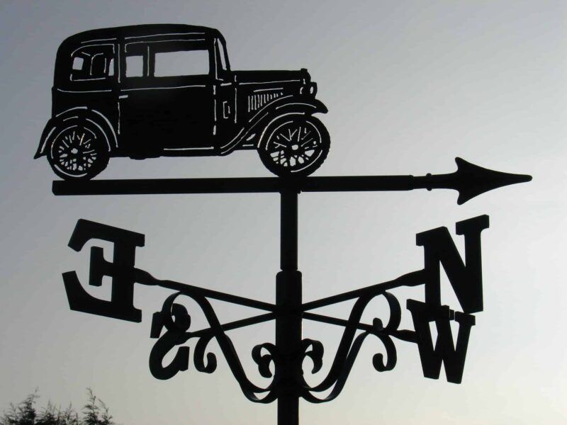 Austin Ruby Car Weathervane made from stainless steel and powder coated black by black forge art in kent