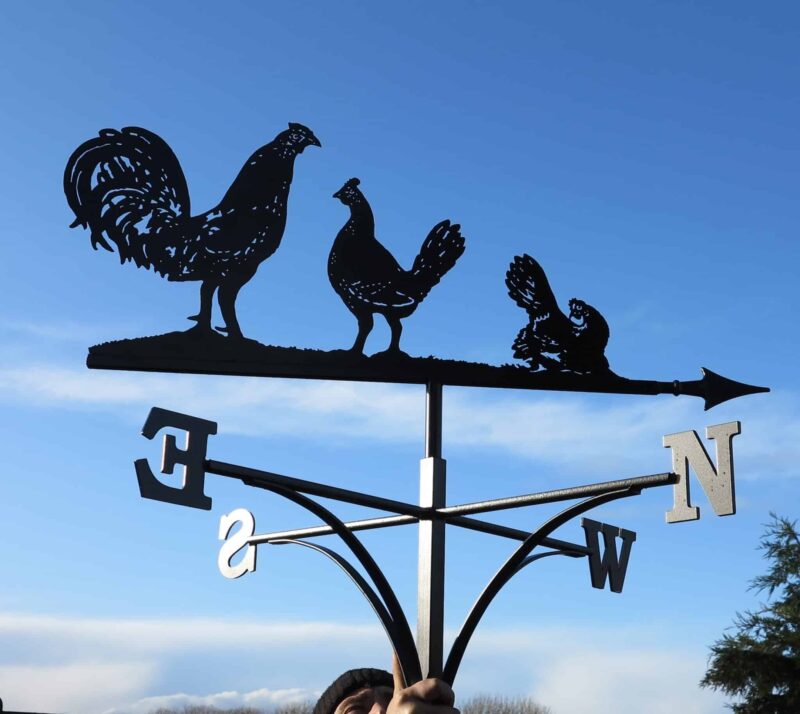 bantam cock and chickens weathervane in black stainless steel