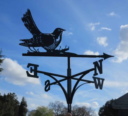 cuckoo themed weathervane made from stainless steel and powder coated black.