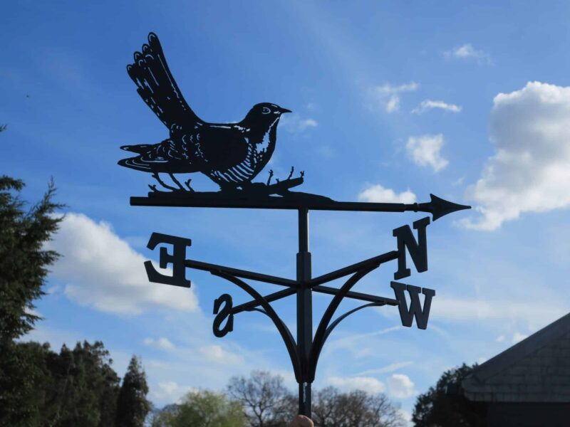 cuckoo themed weathervane made from stainless steel and powder coated black.