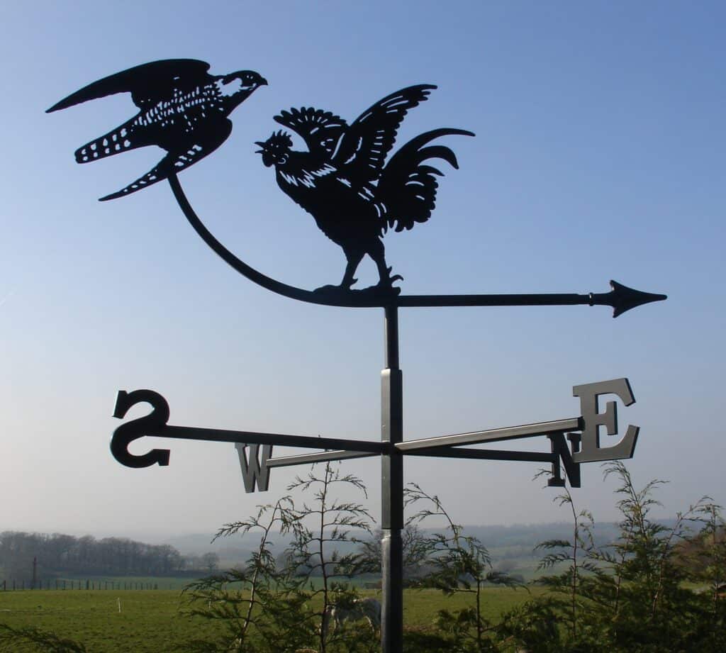 Cockerel and Falcon Bird Weathervane handmade by blacksmiths in kent by rod fender and black forge art