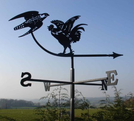 Cockerel and Falcon Bird Weathervane handmade by blacksmiths in kent by rod fender and black forge art