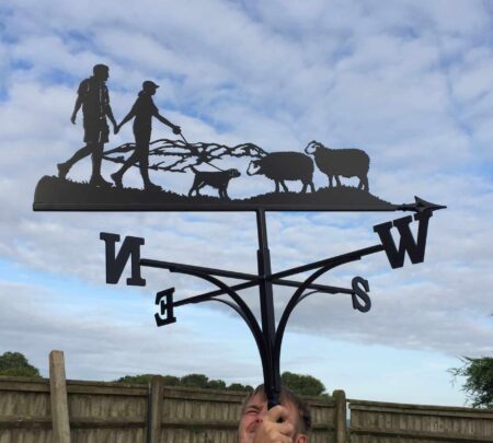 Couple Walking Hills, Sheep And Border Terrier Weathervane