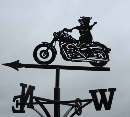 Harley Motorbike being ridden by a Pig Weathervane. Black stainless steel weathervane made by blacksmiths in kent.