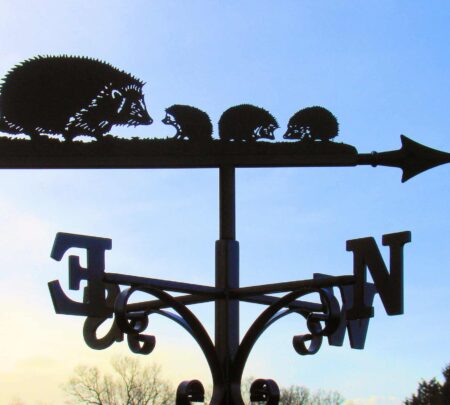 handmade family of hedgehogs weathervane made from 100% stainless steel by blacksmiths in kent