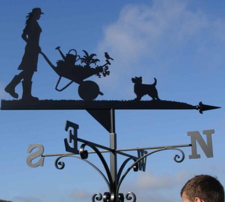 Lady Gardener, Wheelbarrow And Westie Dog Weathervane