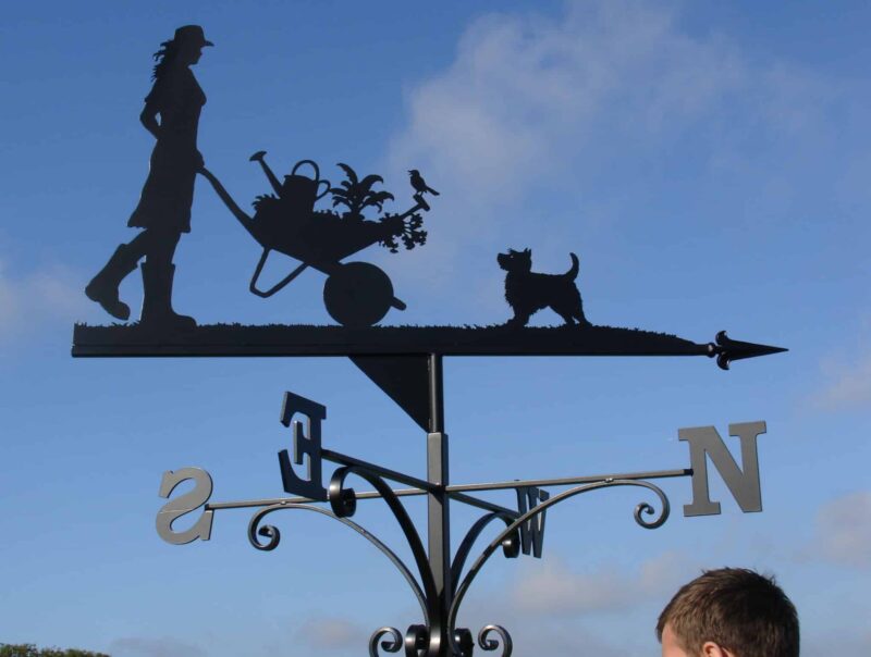 Lady Gardener, Wheelbarrow And Westie Dog Weathervane