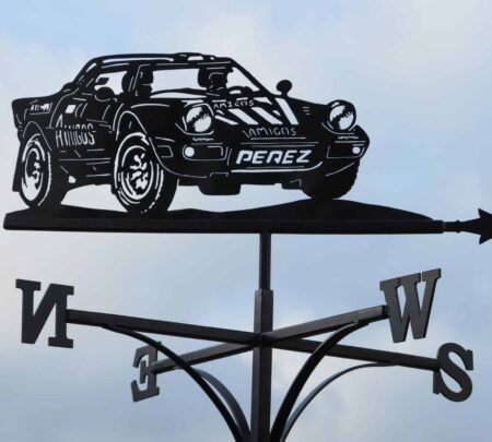 Lancia Rally Car Weathervane powder coated black stainless steel welded by rod fender at black forge art kent