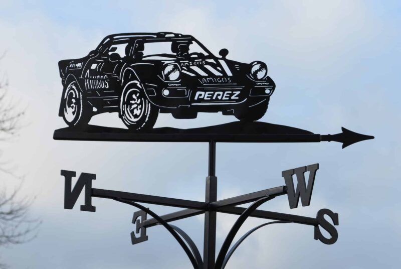 Lancia Rally Car Weathervane powder coated black stainless steel welded by rod fender at black forge art kent