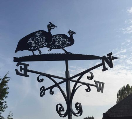 Pair of Standing Guinea Fowl at the top of a black Weathervane