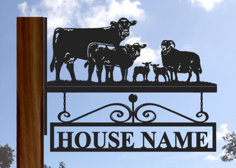 Cow Calf Sheep Lamb + HOUSE NAME - Solid letters - Hanging Bracket Sign + Scrolls + Sky