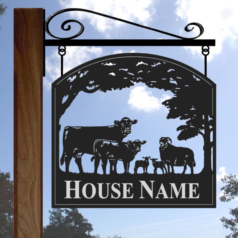 Framed picture metal sign example with arched top and hanging bracket