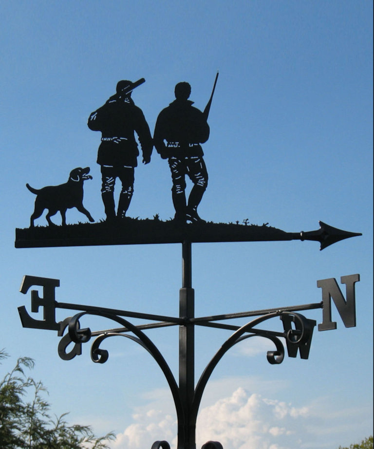 Weathervane of father and son shooting